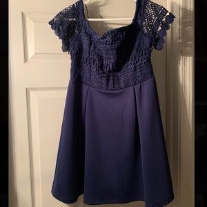 Francesca’s off shoulder navy blue dress, Large lightly warn